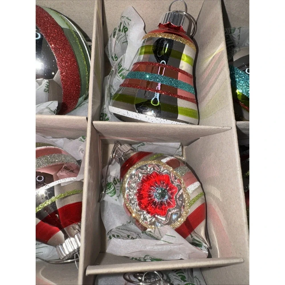 Christopher Radko SHINY BRITE Glass Ornaments Set of 9 Indents‎ Bells Striped